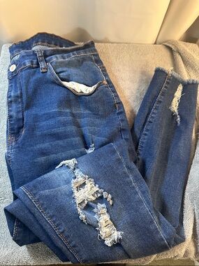 Womens Distressed Dark Blue High-Rise Stretch Jeans